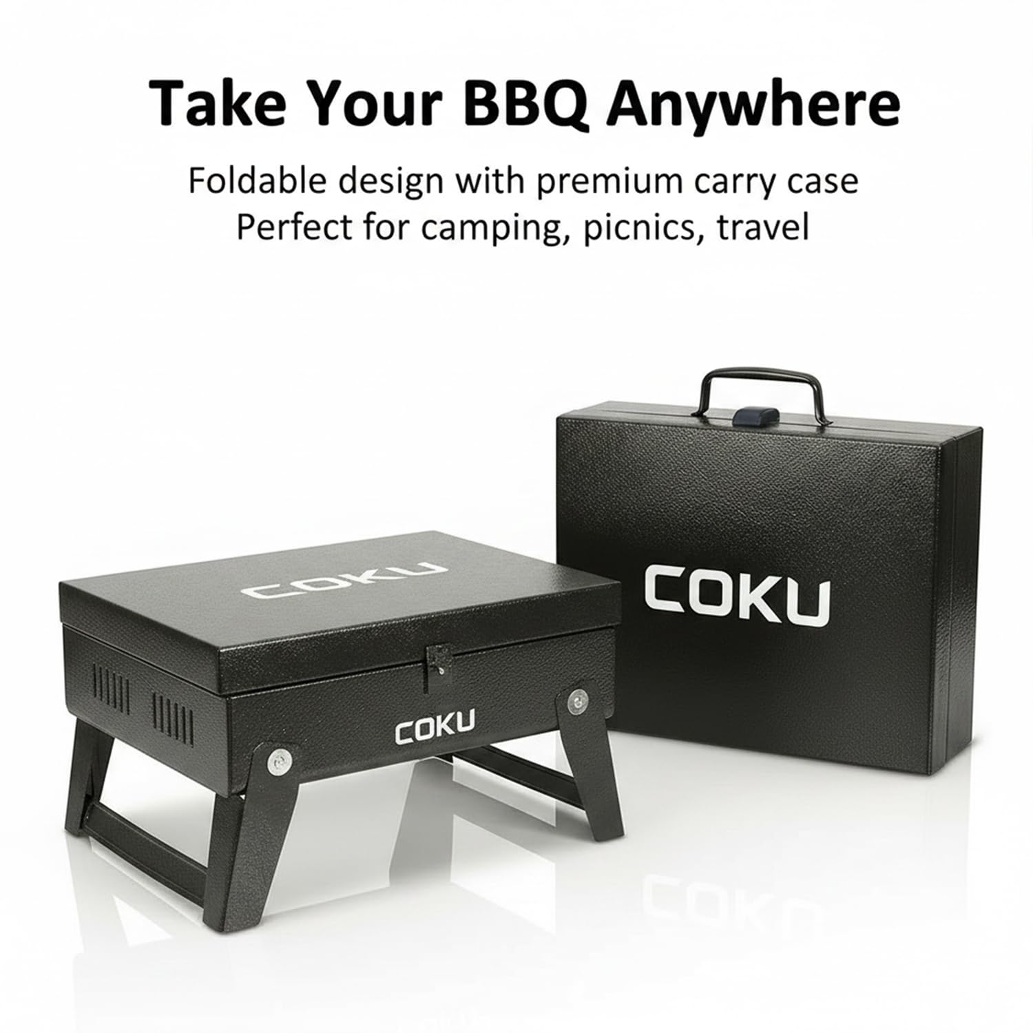 Coku Portable Folding Charcoal BBQ Grill Combo Set with 8 Sticks, Air Blower, Oil Brush & Spatula, Compact Heavy Duty Iron Camping Grill for Picnic, Garden, Patio & Travel (M2)