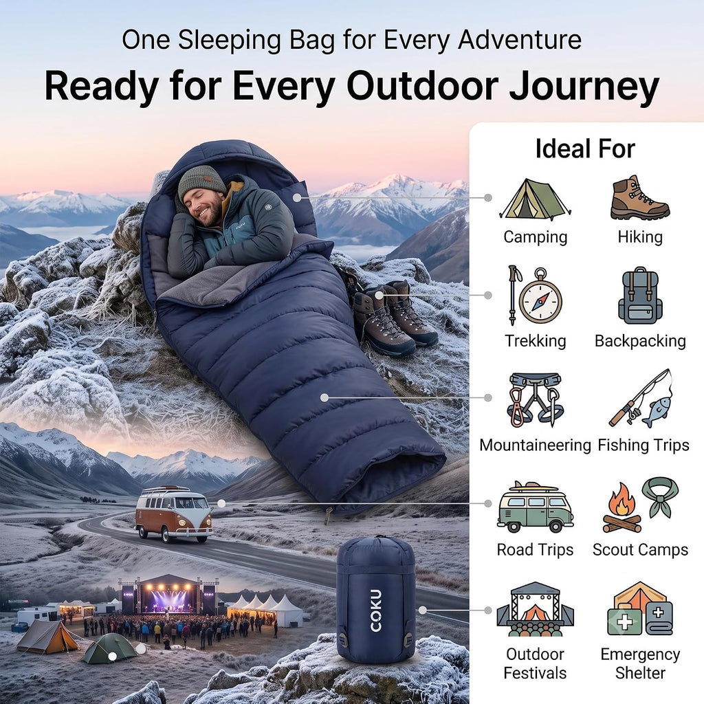 Coku Camping Sleeping Bag Lightweight for Adults Up to 65 ft | Waterproof Hooded Sleeping Bag | 0°C Cold Weather with Carry Bag for Camping, Backpacking, Trekking, Hiking & Travel Outdoor Blue