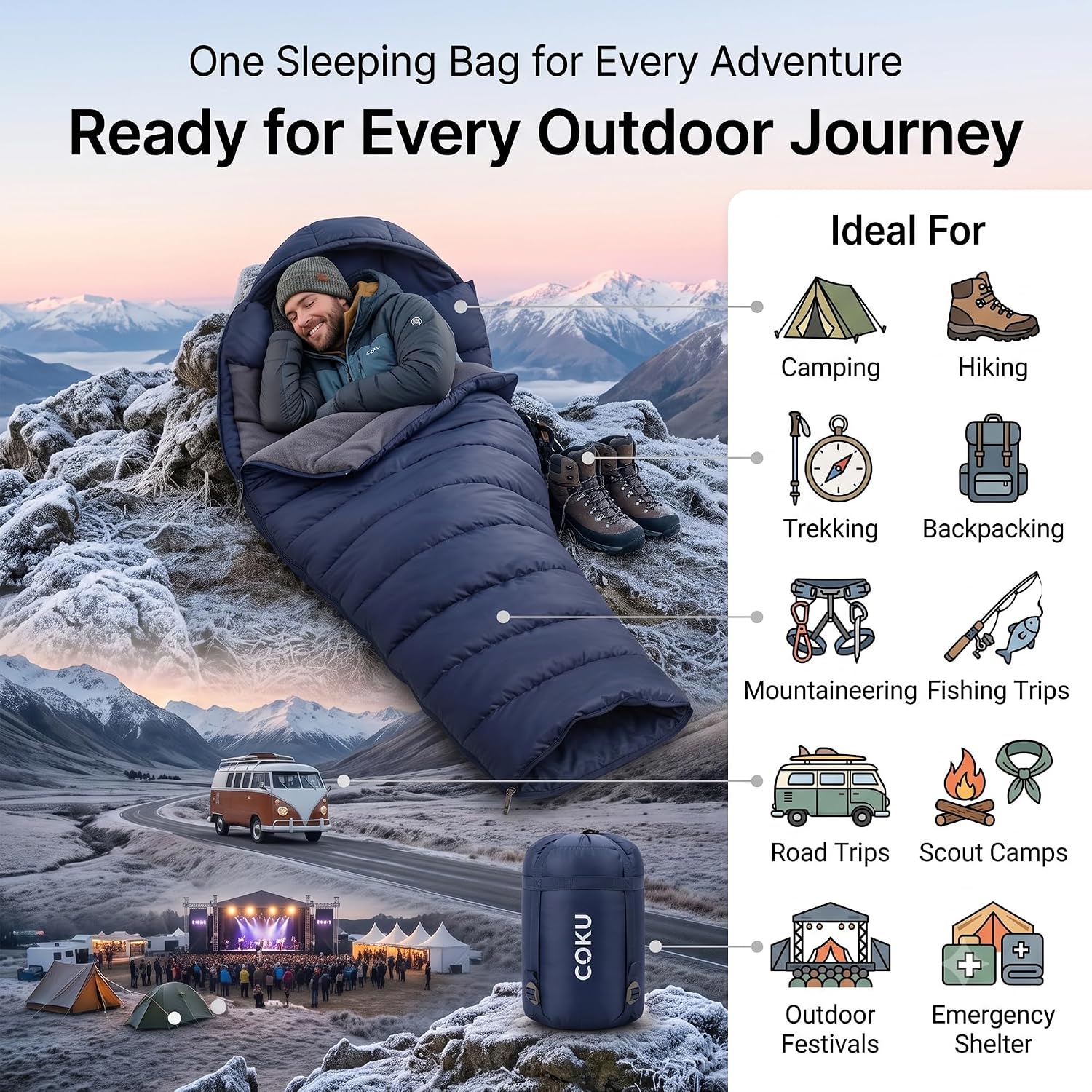 Coku Camping Sleeping Bag Lightweight for Adults Up to 65 ft | Waterproof Hooded Sleeping Bag | 0°C Cold Weather with Carry Bag for Camping, Backpacking, Trekking, Hiking & Travel Outdoor Blue