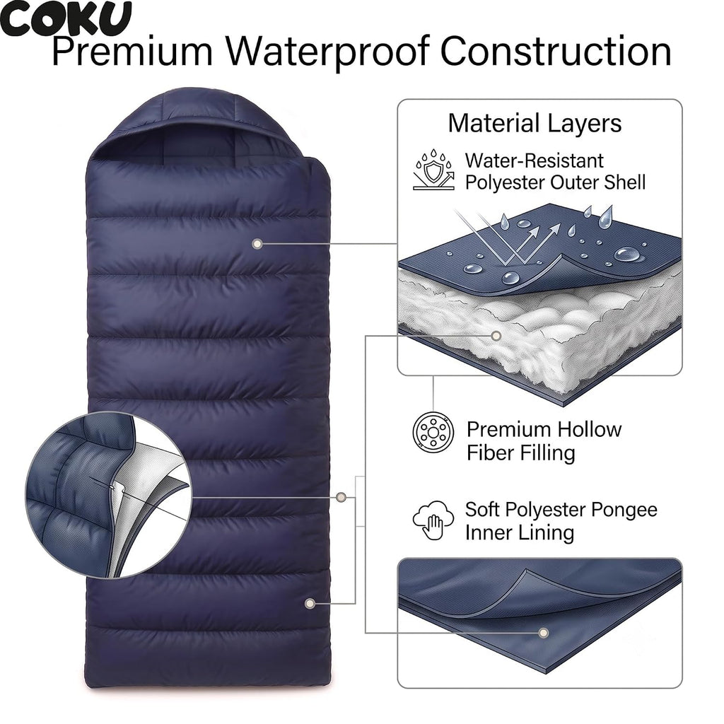 Coku Camping Sleeping Bag Lightweight for Adults Up to 65 ft | Waterproof Hooded Sleeping Bag | 0°C Cold Weather with Carry Bag for Camping, Backpacking, Trekking, Hiking & Travel Outdoor Blue
