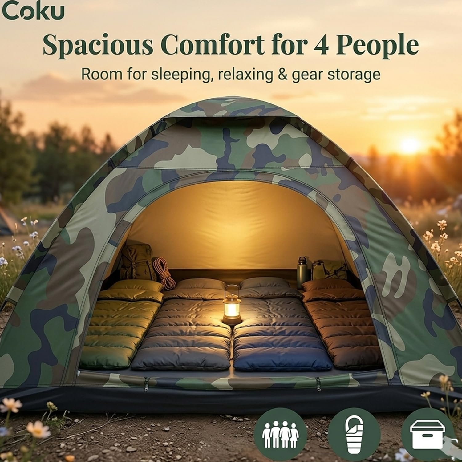 Coku 4 Person Camping Tent, Waterproof Dome Tent Lightweight & Portable with Carry Bag, Easy Setup Outdoor Tent for Hiking, Trekking, Beach Camping (Army Colour) (4 Person)