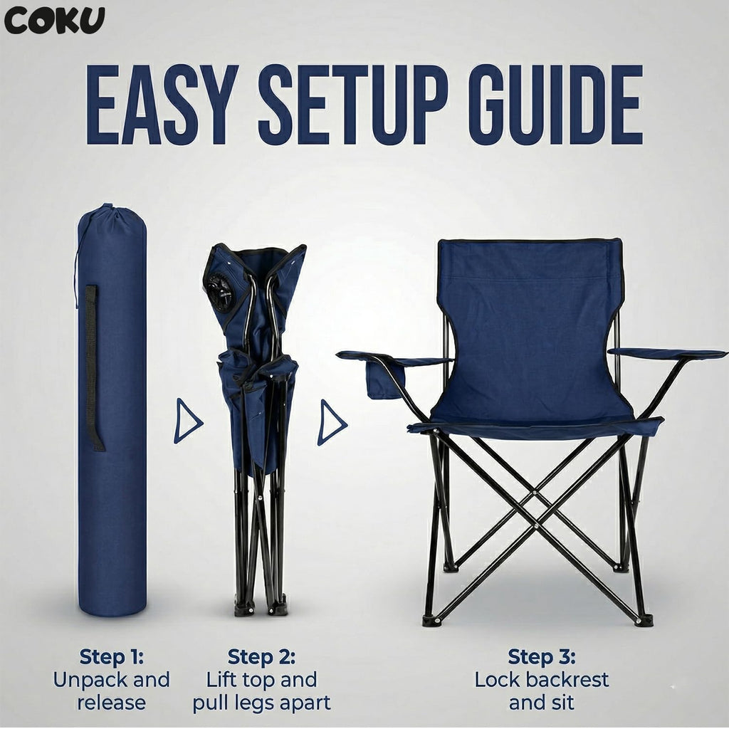 coku Portable Folding Camping Chair with Cup Holder, Heavy Duty Steel Frame, Lightweight Outdoor Chair with Carry Bag for Camping, Beach, Fishing, Picnic & Garden Use