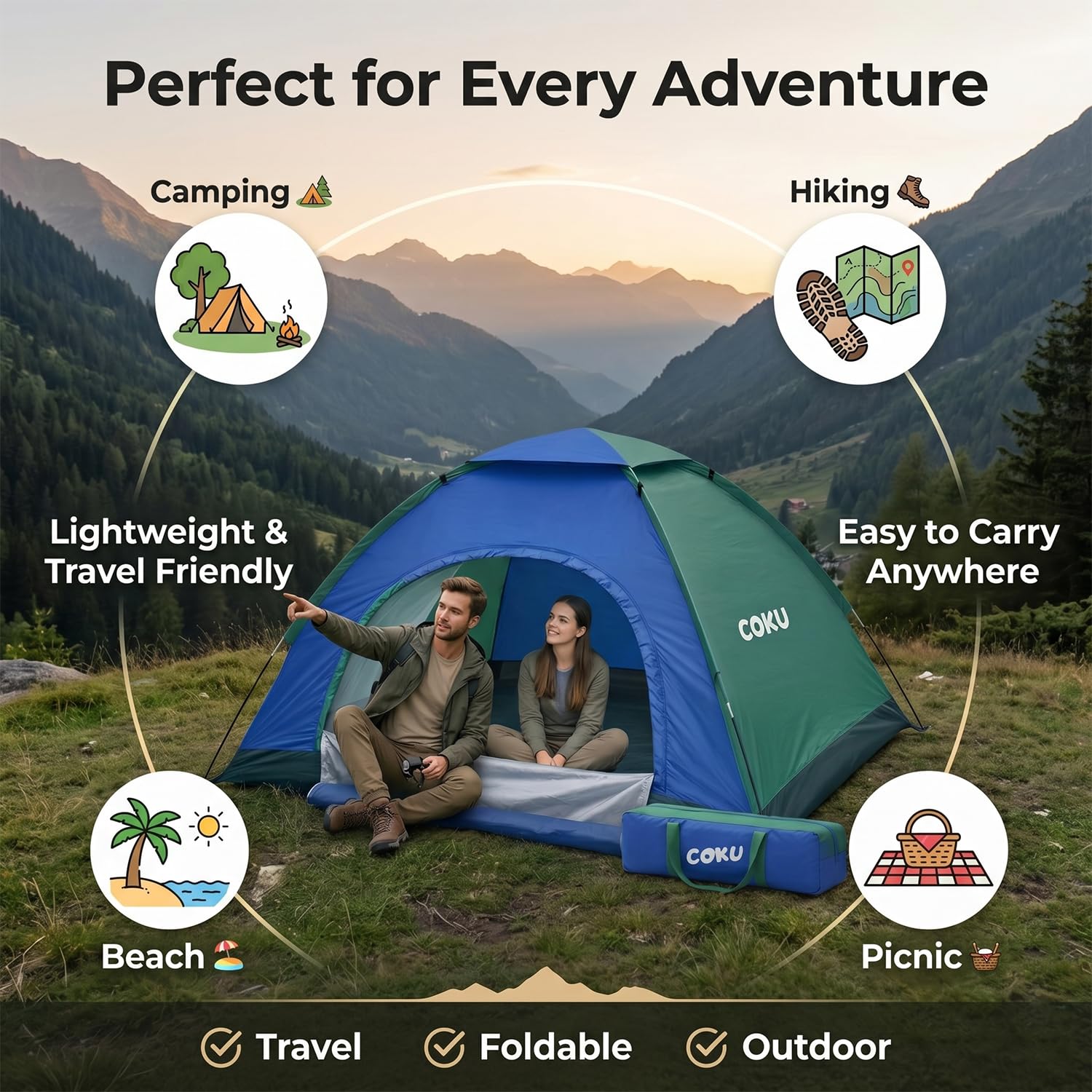 Coku Camping Tent Lightweight Backpacking Dome Tent with Mosquito Net, Waterproof Outdoor Tent, Easy Setup for Camping, Hiking, Trekking, Picnic, Travel (Random Color)