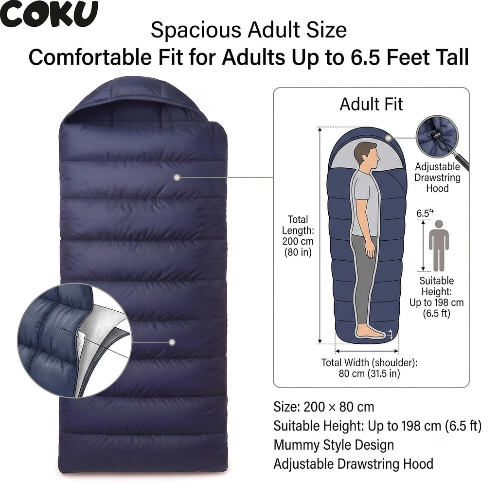 Coku Camping Sleeping Bag Lightweight for Adults Up to 65 ft | Waterproof Hooded Sleeping Bag | 0°C Cold Weather with Carry Bag for Camping, Backpacking, Trekking, Hiking & Travel Outdoor Blue