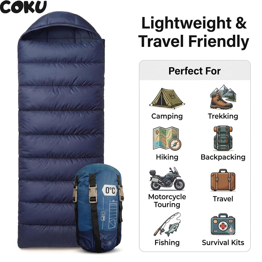 Coku Camping Sleeping Bag Lightweight for Adults Up to 65 ft | Waterproof Hooded Sleeping Bag | 0°C Cold Weather with Carry Bag for Camping, Backpacking, Trekking, Hiking & Travel Outdoor Blue