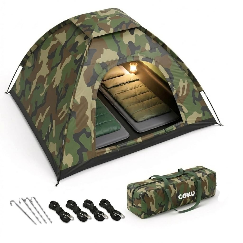 Coku 4 Person Camping Tent, Waterproof Dome Tent Lightweight & Portable with Carry Bag, Easy Setup Outdoor Tent for Hiking, Trekking, Beach Camping (Army Colour) (4 Person)