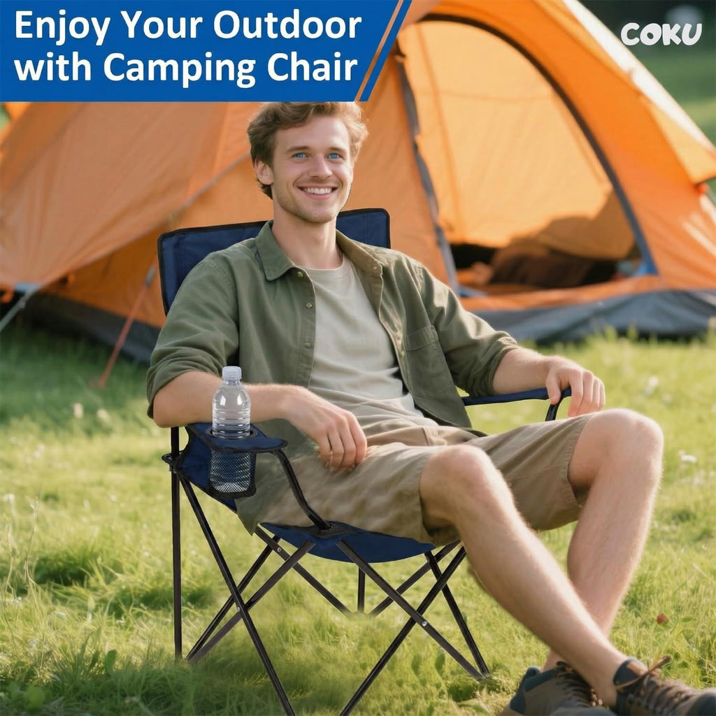 coku Portable Folding Camping Chair with Cup Holder, Heavy Duty Steel Frame, Lightweight Outdoor Chair with Carry Bag for Camping, Beach, Fishing, Picnic & Garden Use